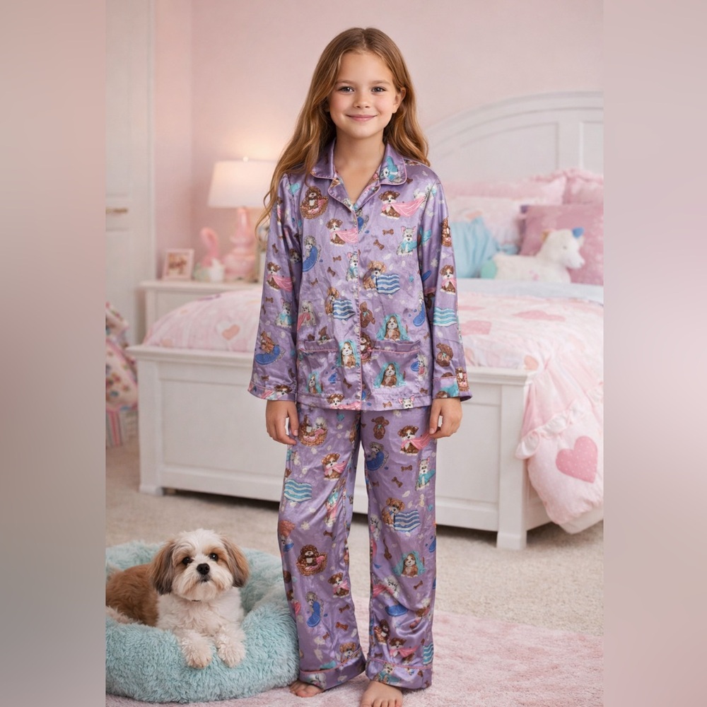 Vintage Satin Nick & Nora Purple Dog Print Pajama Set